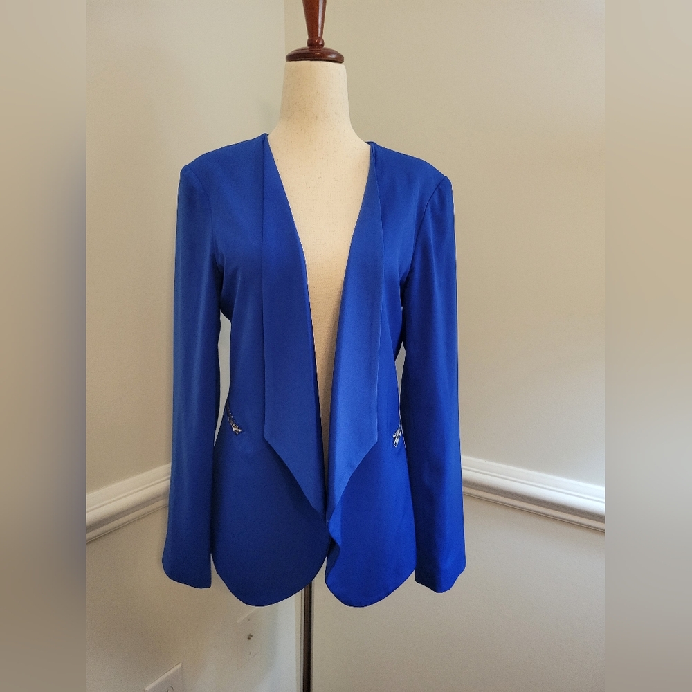Jealous Tomato Royal Blue Tailored Blazer M Open Front Zipper Detail Stretch